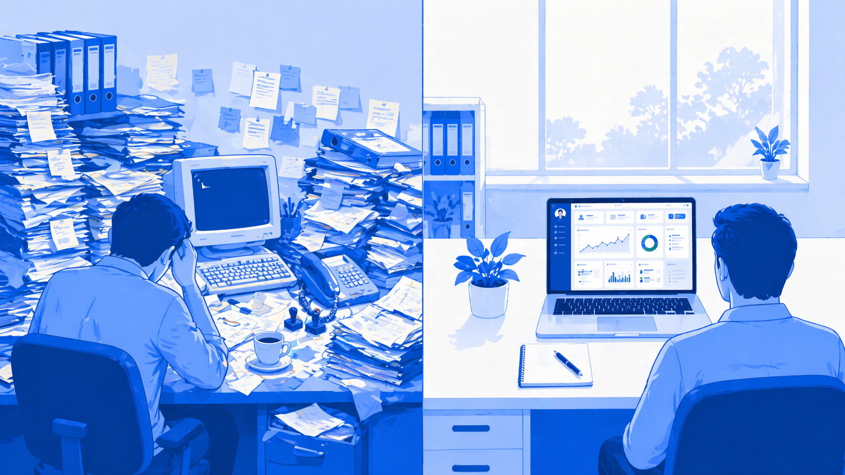 Busy political office desk with scattered paperwork — fragmented constituency workflows Setuk political ERP is built to replace