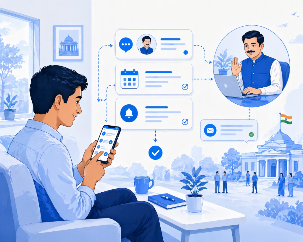 Citizen-facing dashboard mockup in Setuk political ERP — appointments, letters, and notifications